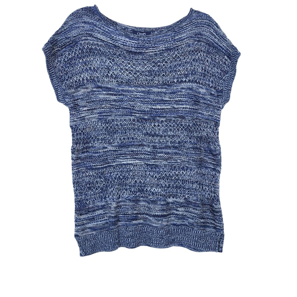 Chaps Women Blue Boat Neck Cap Sleeve Cotton Open Knit Crochet Sweater Top Large